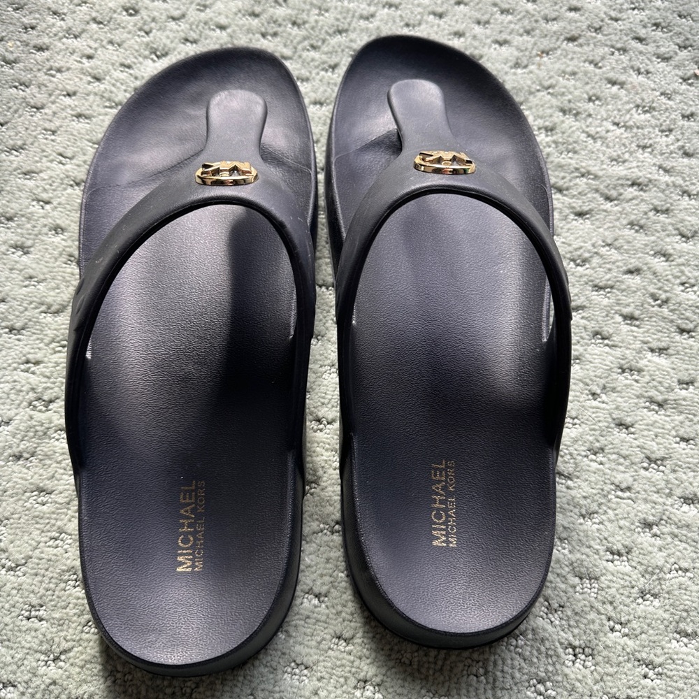 Michael Kors Black Flip Flops with Gold Emblem 11 - Picture 2 of 7